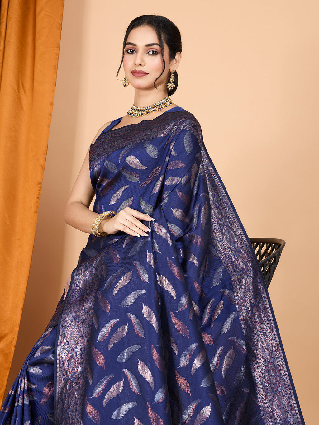 Vedant Vastram Soft Litchi Silk Banarasi Silk Jacquard Saree - Navy Blue - Distacart