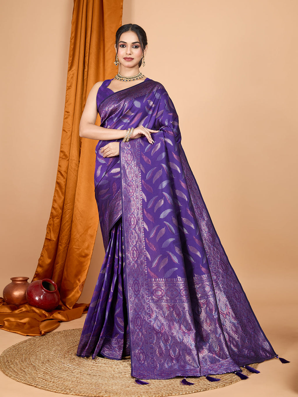 Vedant Vastram Soft Litchi Silk Banarasi Silk Jacquard Saree - Violet - Distacart