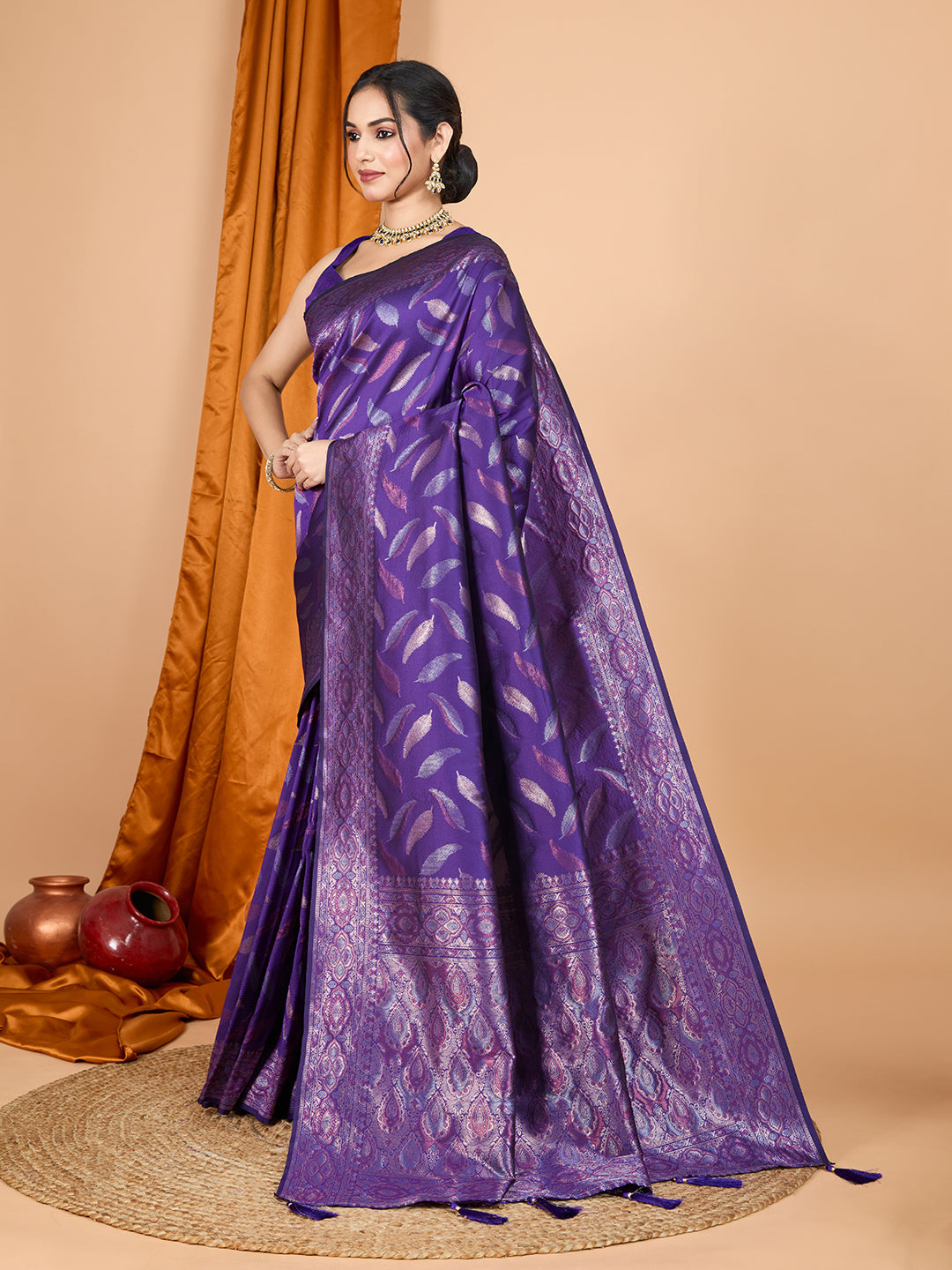 Vedant Vastram Soft Litchi Silk Banarasi Silk Jacquard Saree - Violet - Distacart