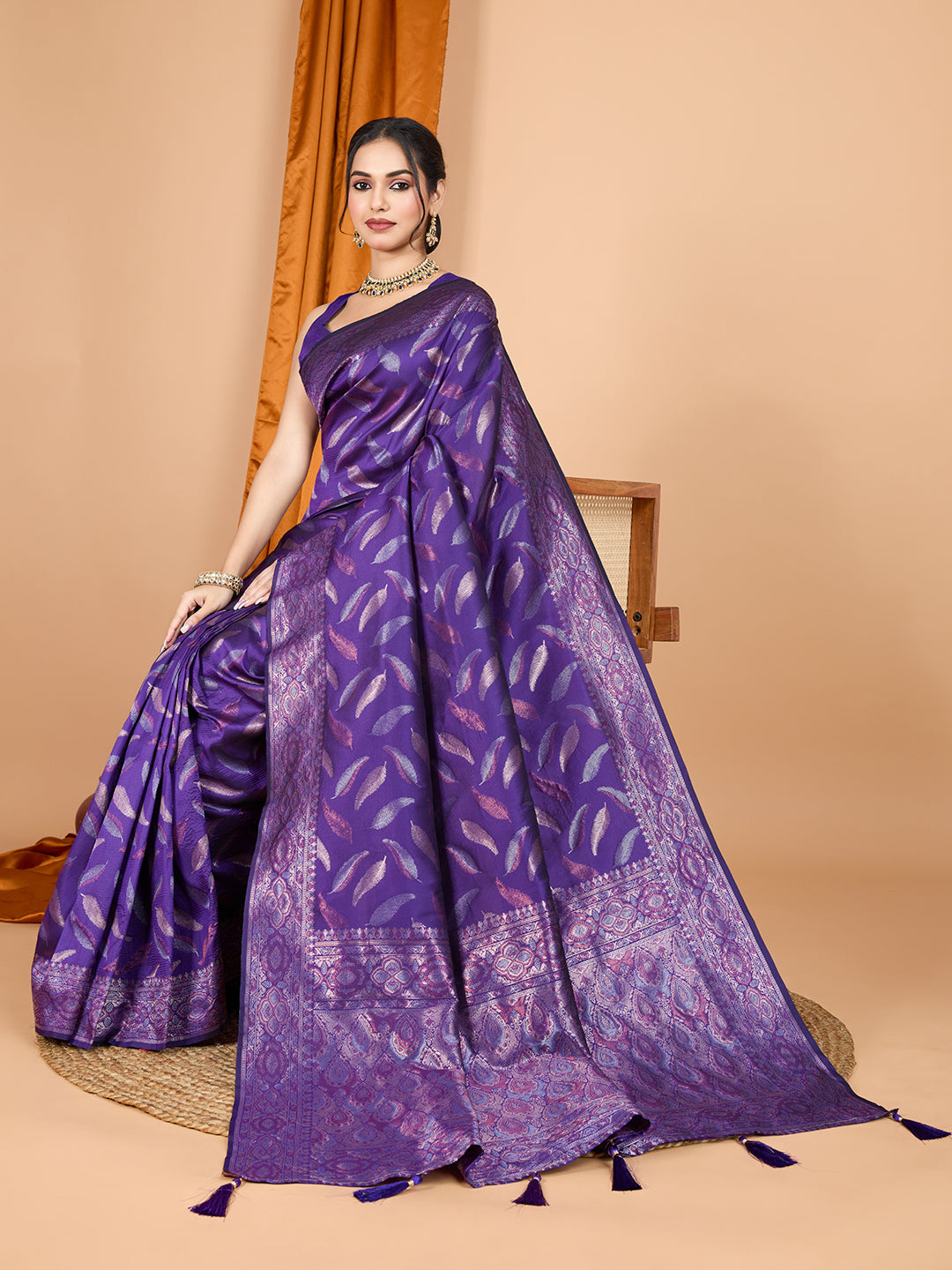 Vedant Vastram Soft Litchi Silk Banarasi Silk Jacquard Saree - Violet - Distacart