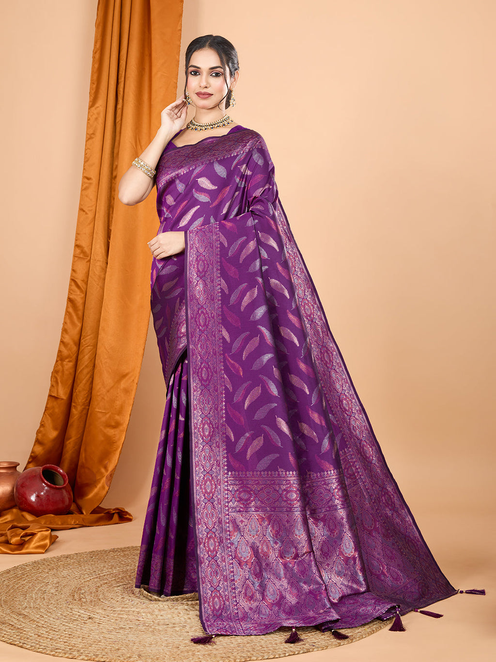 Vedant Vastram Soft Litchi Silk Banarasi Silk Jacquard Saree - Wine - Distacart