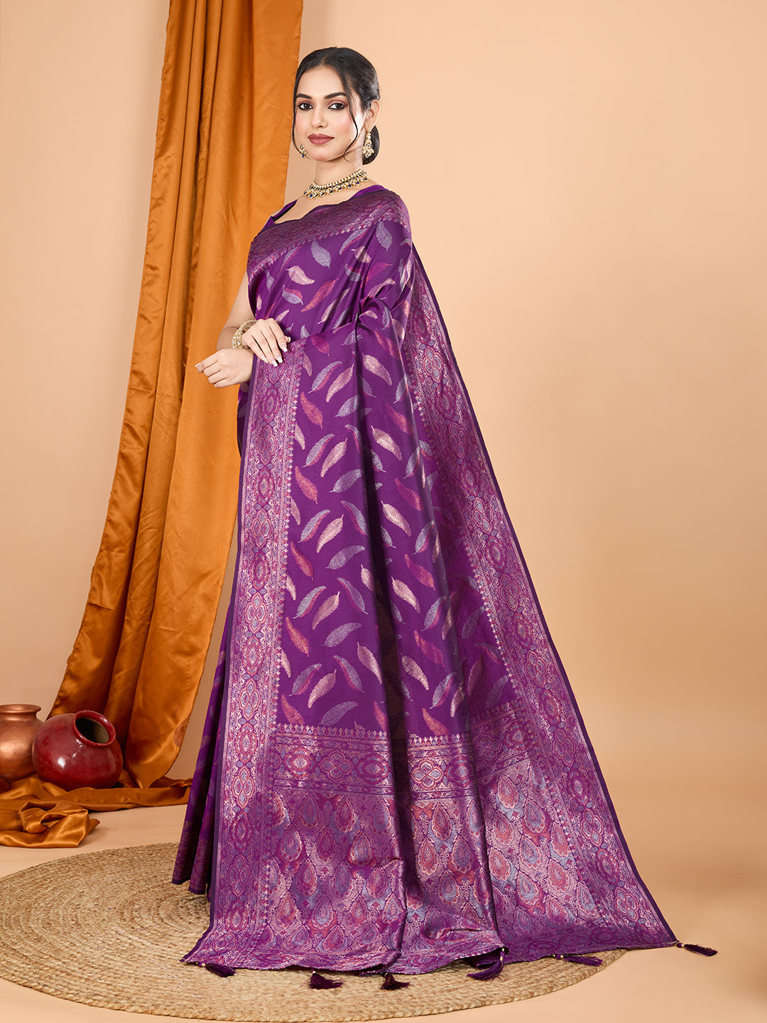 Vedant Vastram Soft Litchi Silk Banarasi Silk Jacquard Saree - Wine - Distacart