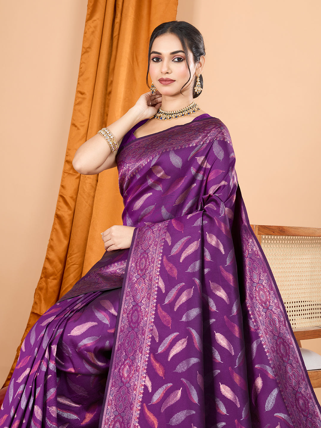 Vedant Vastram Soft Litchi Silk Banarasi Silk Jacquard Saree - Wine - Distacart