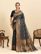 Vedant Vastram Soft Litchi Silk Banarasi Silk Jacquard Saree - Navy Blue - Distacart