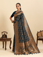 Vedant Vastram Soft Litchi Silk Banarasi Silk Jacquard Saree - Navy Blue - Distacart