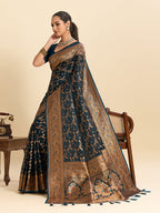 Vedant Vastram Soft Litchi Silk Banarasi Silk Jacquard Saree - Navy Blue - Distacart