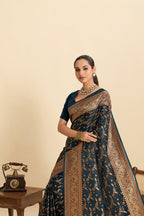 Vedant Vastram Soft Litchi Silk Banarasi Silk Jacquard Saree - Navy Blue - Distacart