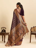 Vedant Vastram Soft Litchi Silk Banarasi Silk Jacquard Saree - Wine - Distacart