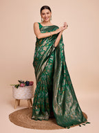 Vedant Vastram Soft Litchi Silk Banarasi Silk Saree - Green - Distacart