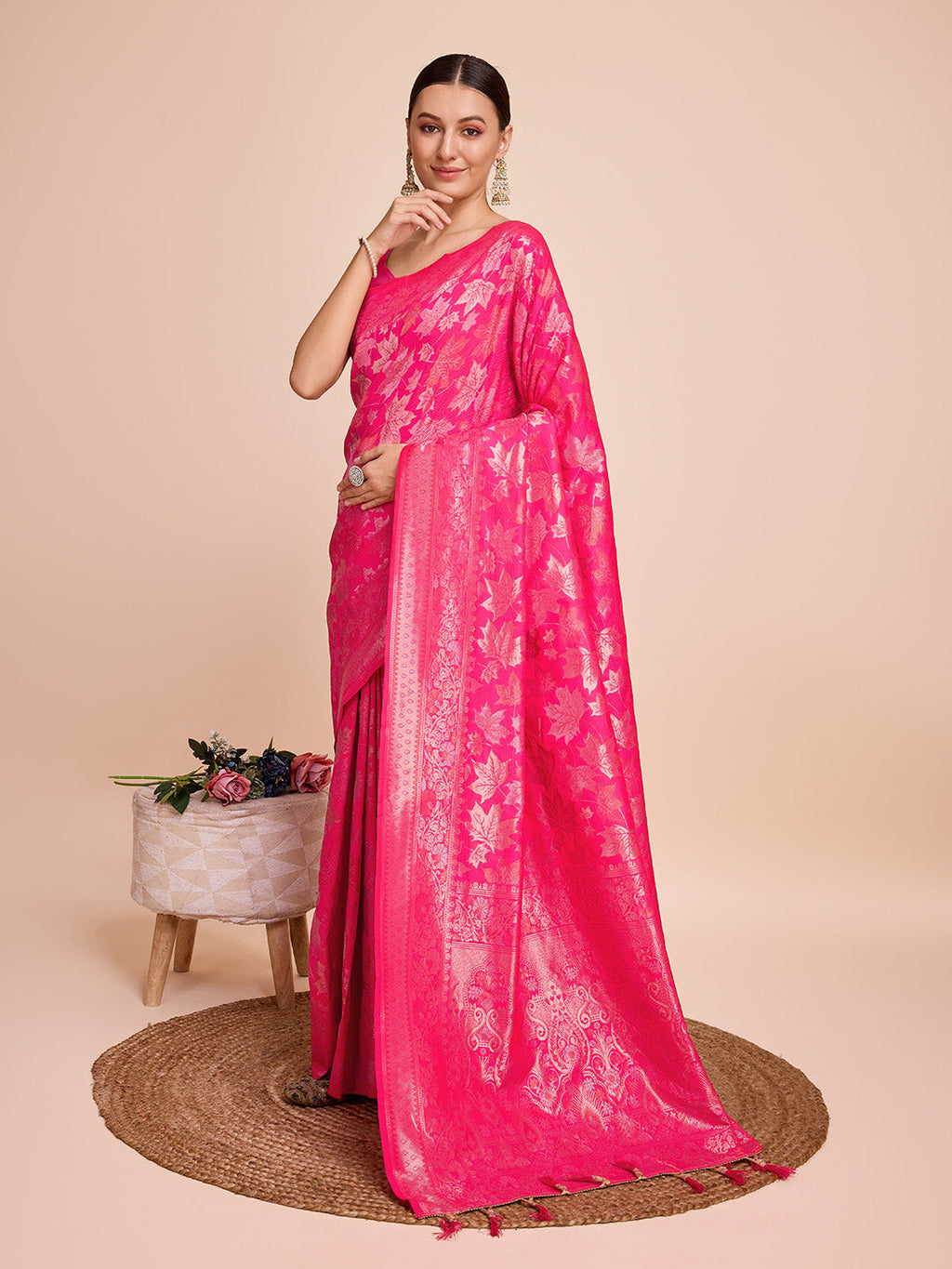 Vedant Vastram Soft Litchi Silk Banarasi Silk Saree - Magenta - Distacart