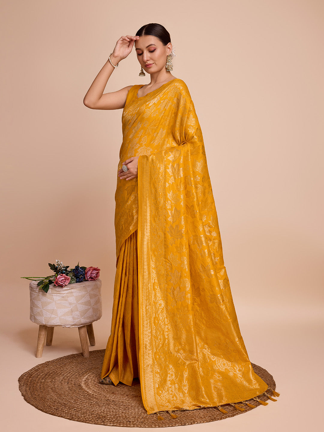 Vedant Vastram Soft Litchi Silk Banarasi Silk Saree - Mustard - Distacart