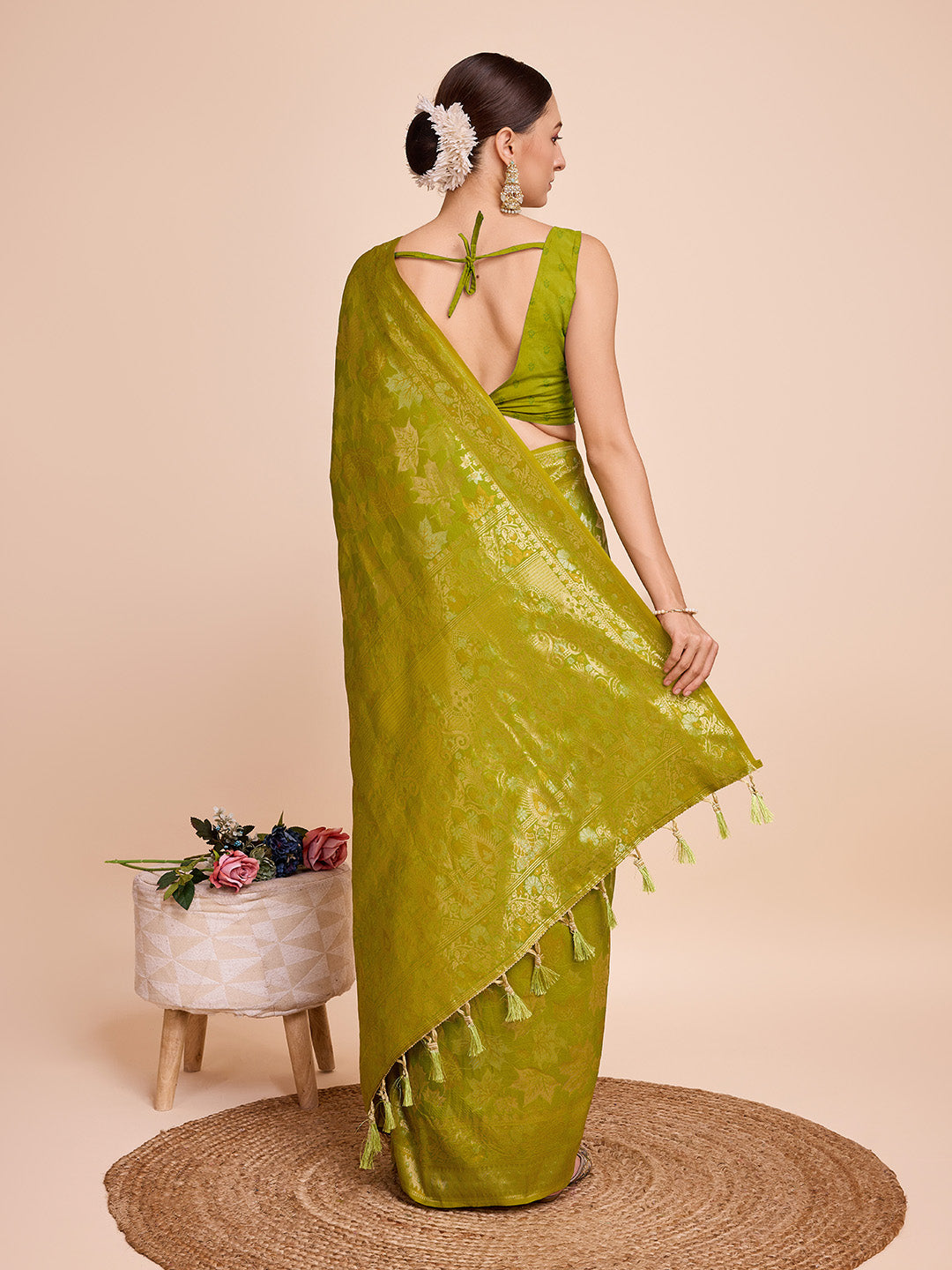 Vedant Vastram Soft Litchi Silk Banarasi Silk Saree - Olive - Distacart