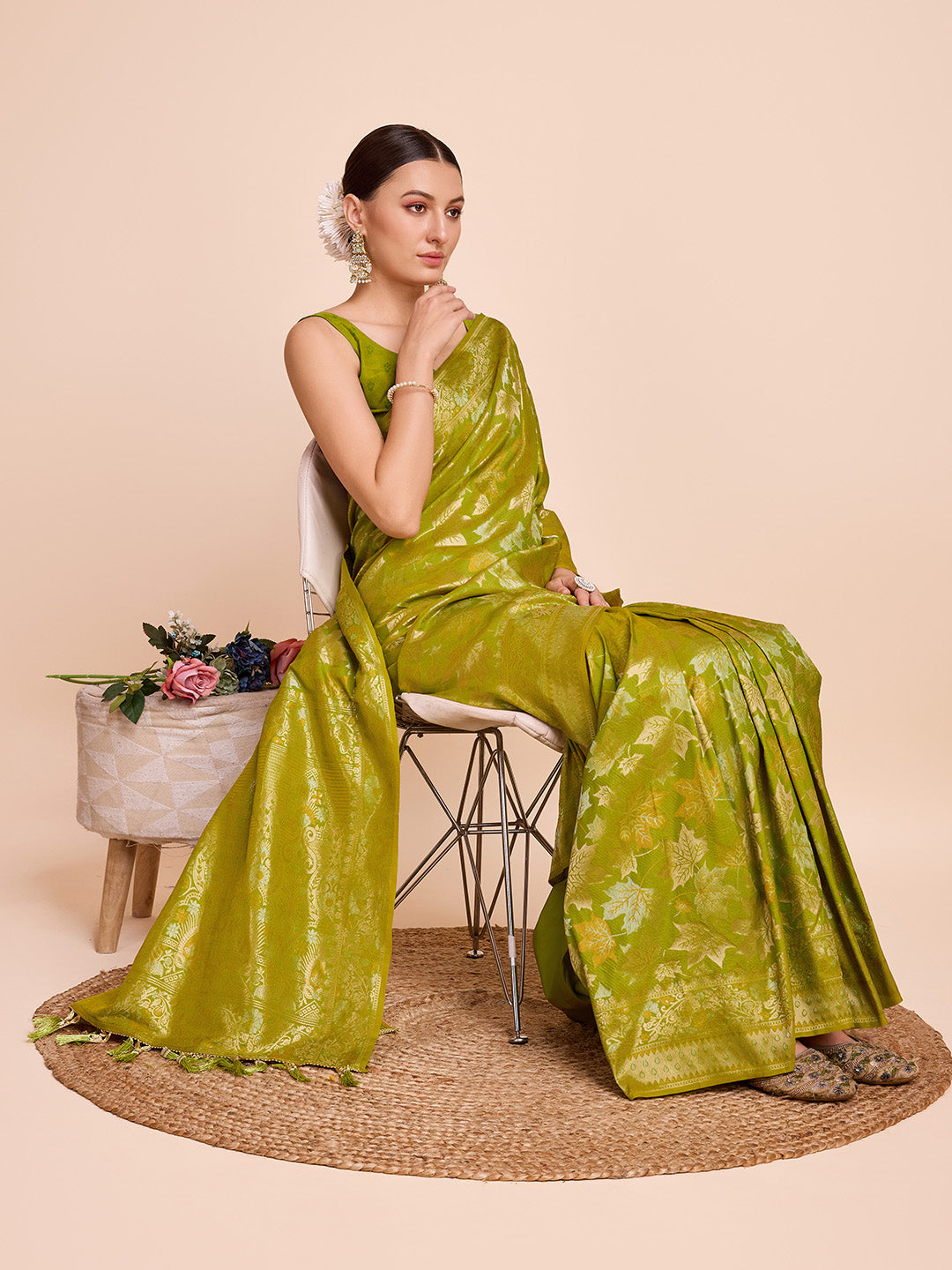 Vedant Vastram Soft Litchi Silk Banarasi Silk Saree - Olive - Distacart