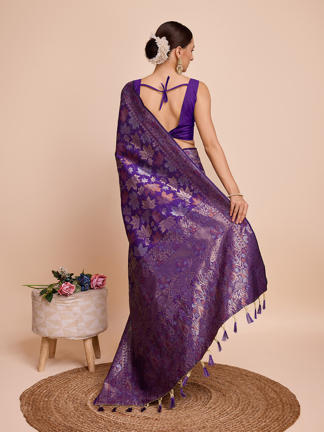 Vedant Vastram Soft Litchi Silk Banarasi Silk Saree - Violet - Distacart