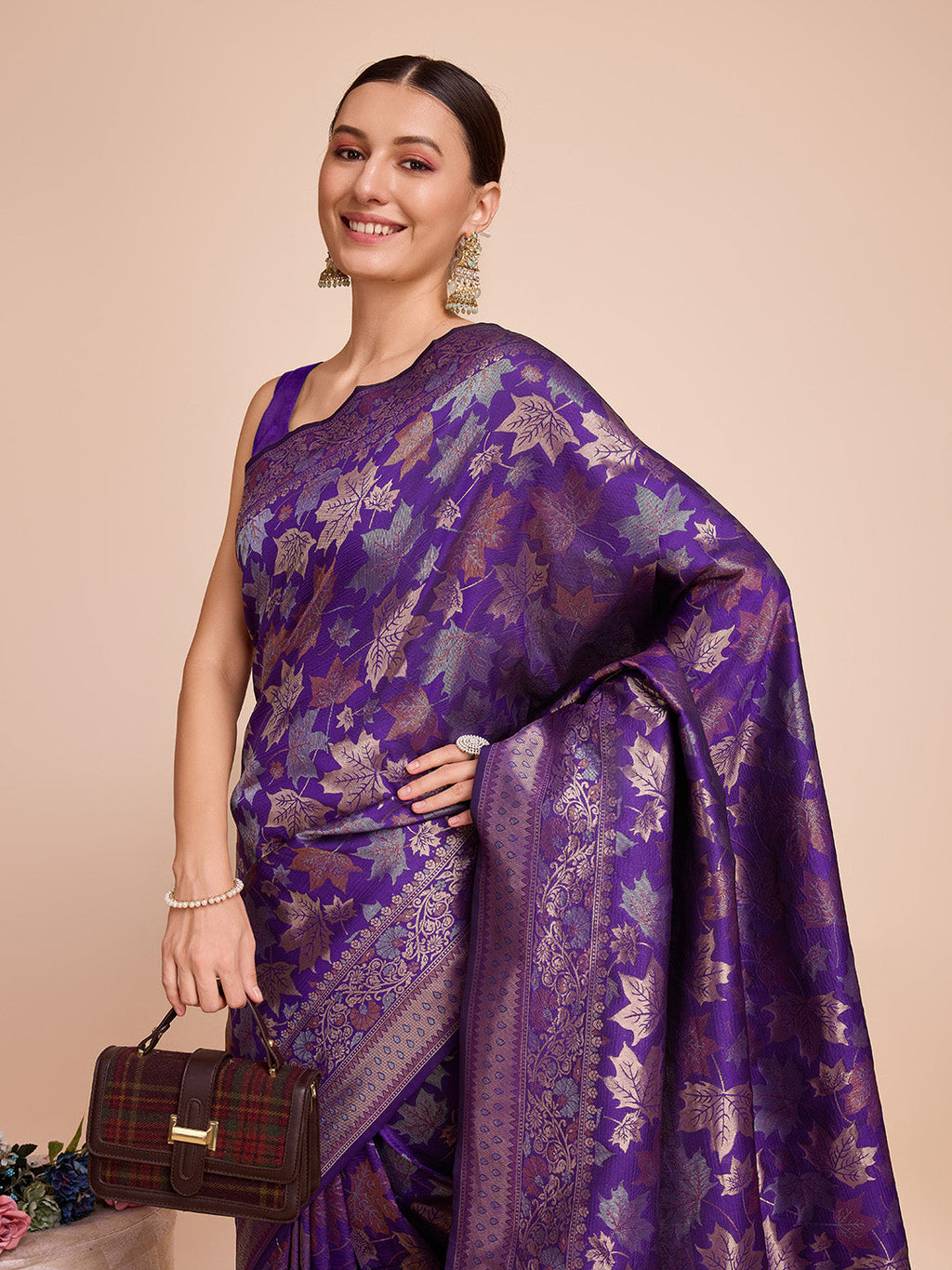 Vedant Vastram Soft Litchi Silk Banarasi Silk Saree - Violet - Distacart