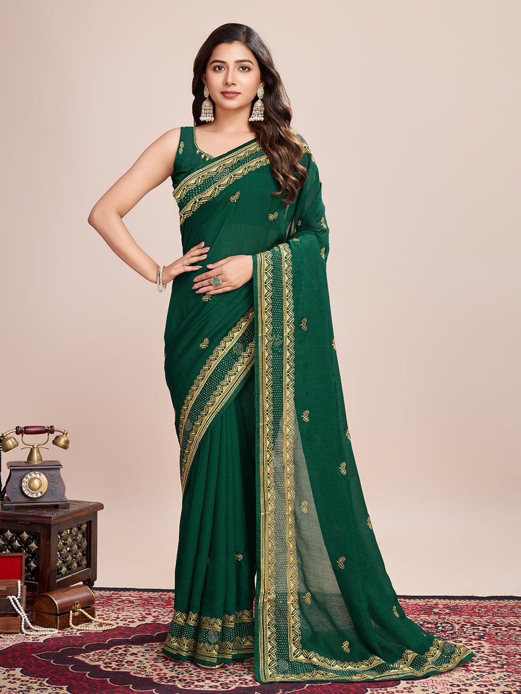 Vedant Vastram Vichitra Silk Embroidered Work Saree - Green