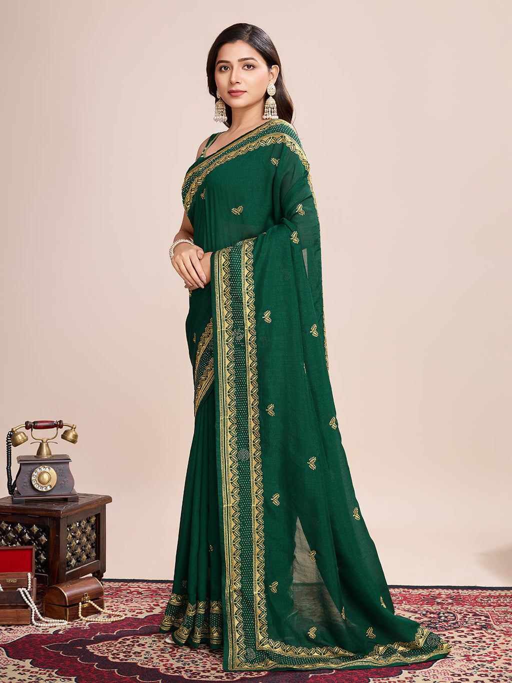 Vedant Vastram Vichitra Silk Embroidered Work Saree - Green