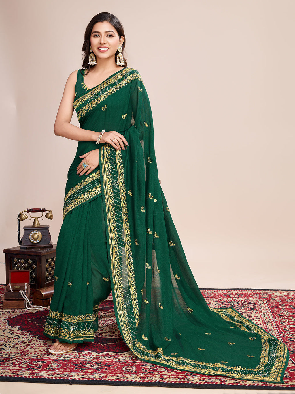 Vedant Vastram Vichitra Silk Embroidered Work Saree - Green
