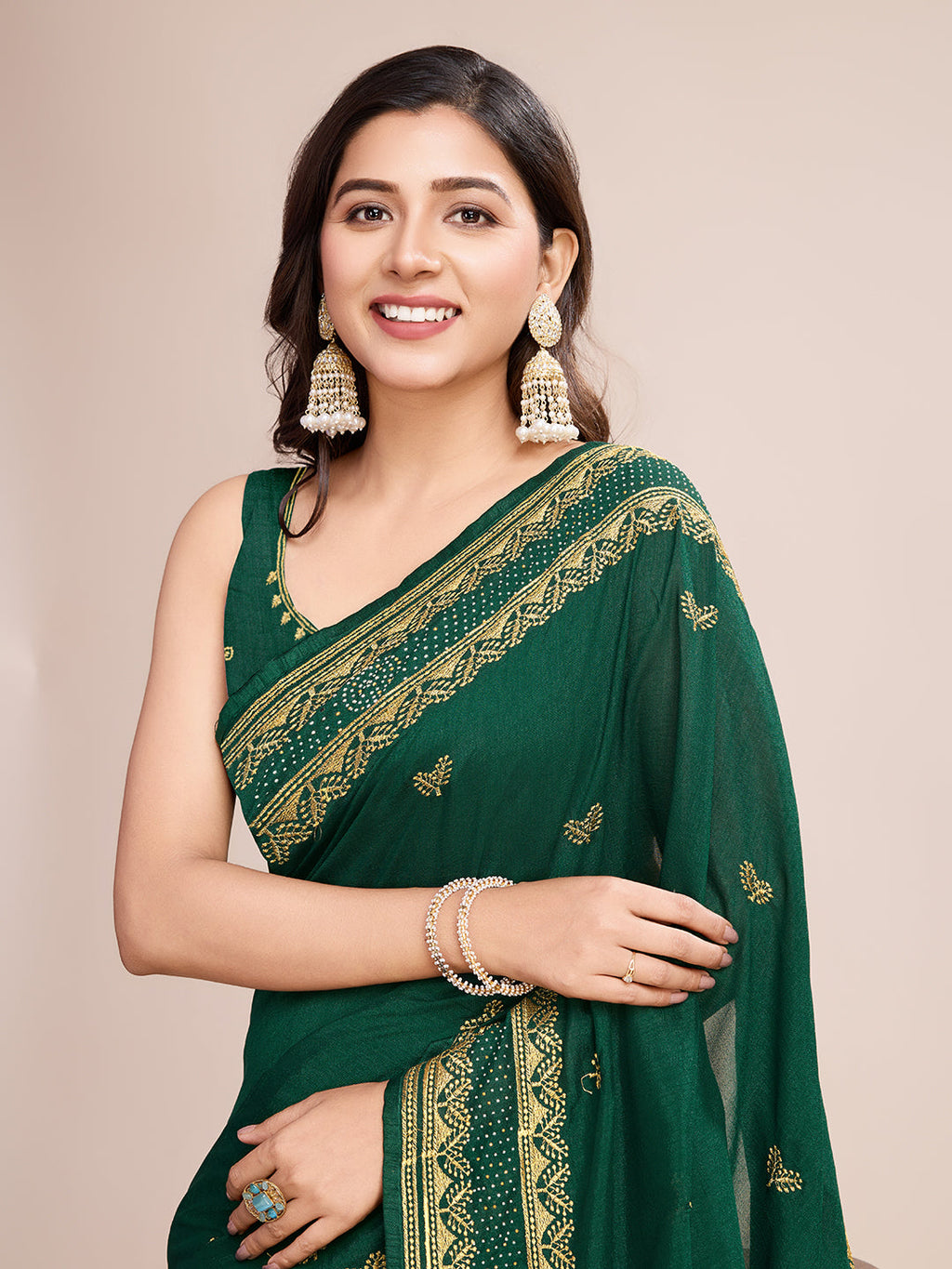 Vedant Vastram Vichitra Silk Embroidered Work Saree - Green