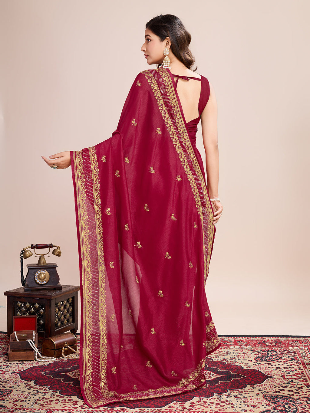 Vedant Vastram Vichitra Silk Embroidered Work Saree - Maroon