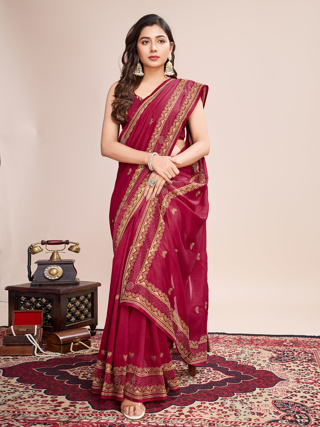 Vedant Vastram Vichitra Silk Embroidered Work Saree - Maroon