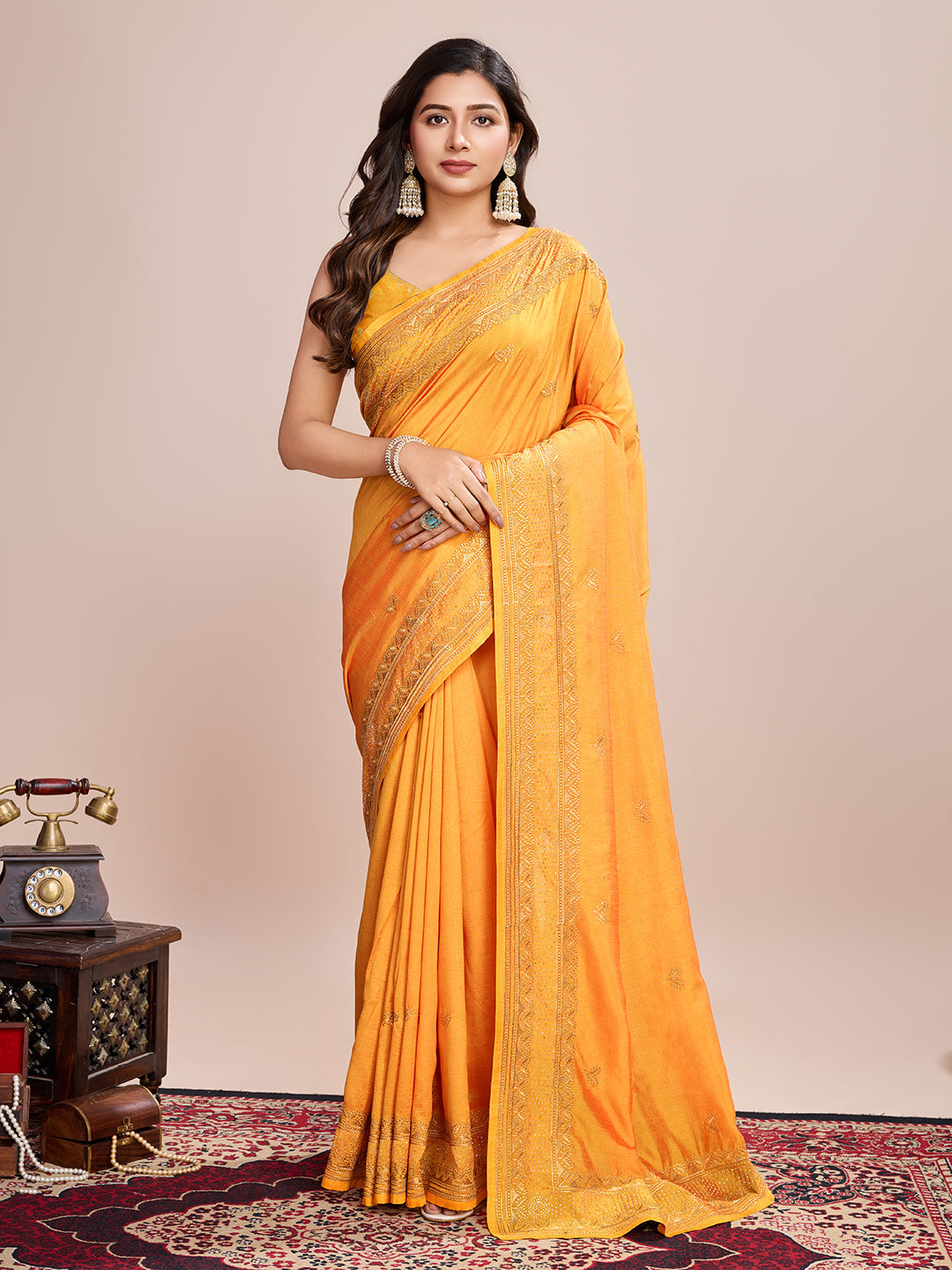 Vedant Vastram Vichitra Silk Embroidered Work Saree - Mustard
