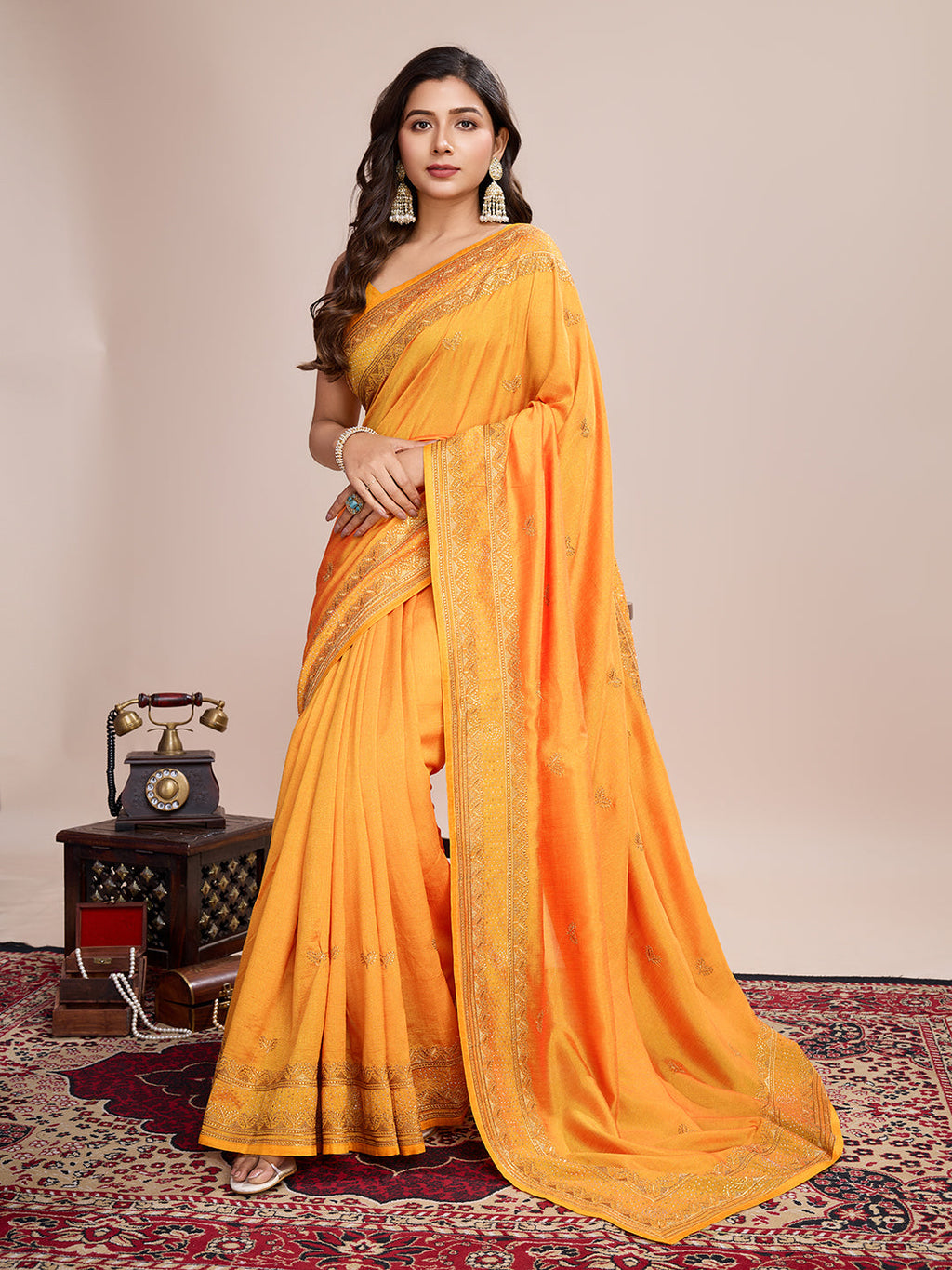 Vedant Vastram Vichitra Silk Embroidered Work Saree - Mustard