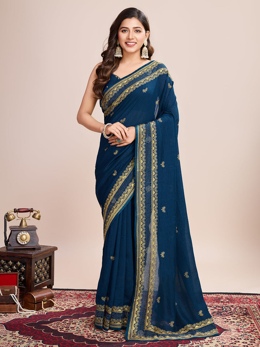 Vedant Vastram Vichitra Silk Embroidered Work Saree - Navy