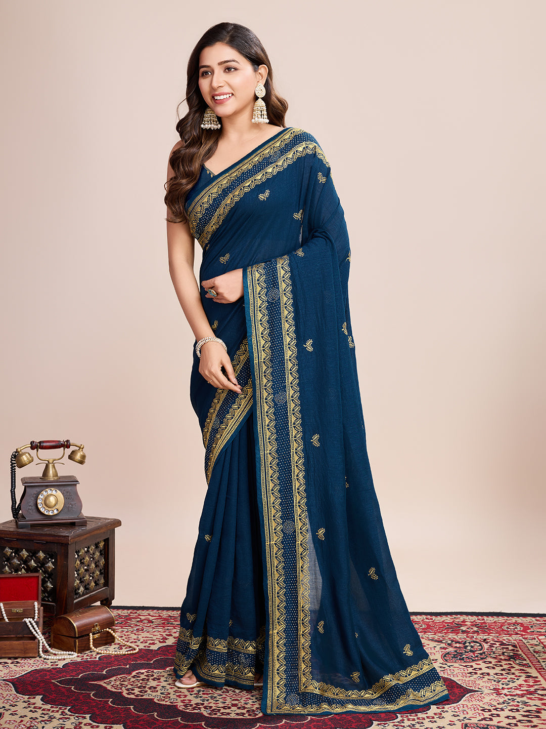 Vedant Vastram Vichitra Silk Embroidered Work Saree - Navy