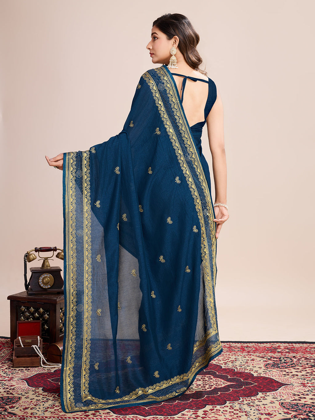 Vedant Vastram Vichitra Silk Embroidered Work Saree - Navy