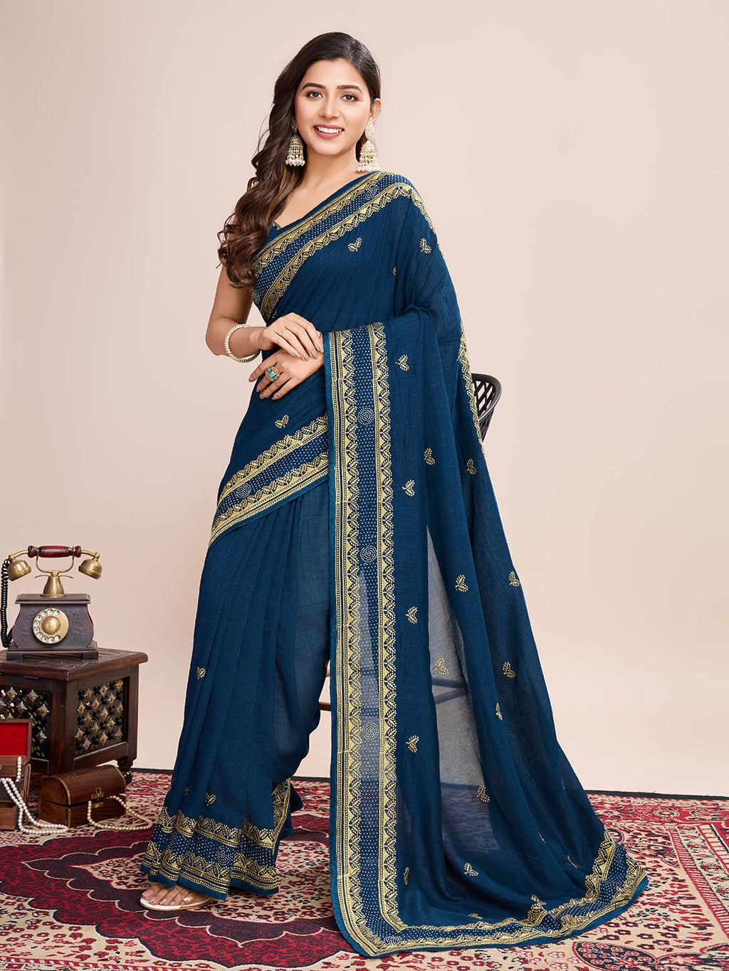 Vedant Vastram Vichitra Silk Embroidered Work Saree - Navy
