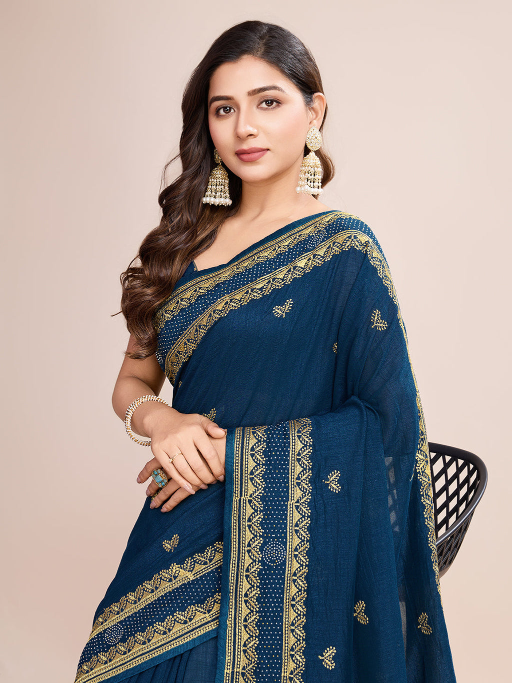 Vedant Vastram Vichitra Silk Embroidered Work Saree - Navy