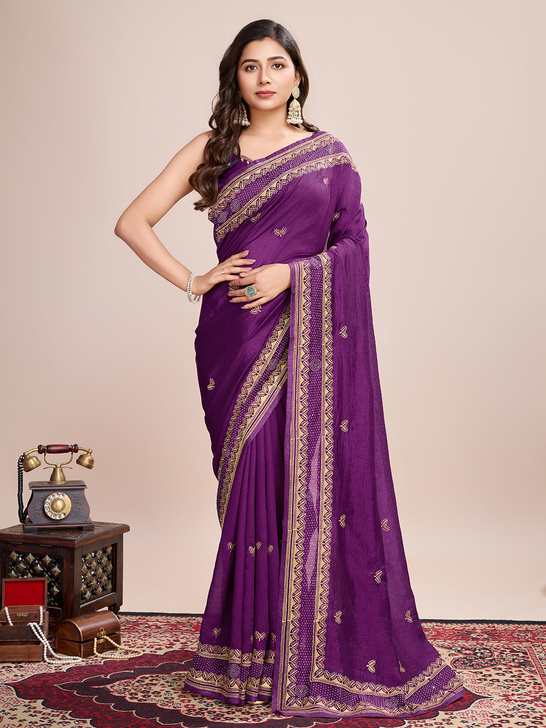 Vedant Vastram Vichitra Silk Embroidered Work Saree - Purple