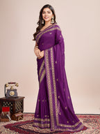 Vedant Vastram Vichitra Silk Embroidered Work Saree - Purple