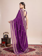 Vedant Vastram Vichitra Silk Embroidered Work Saree - Purple