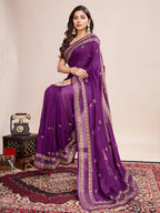 Vedant Vastram Vichitra Silk Embroidered Work Saree - Purple