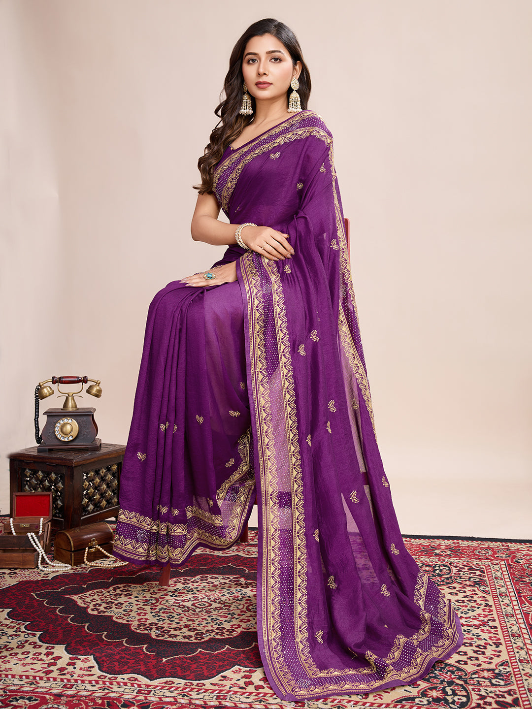 Vedant Vastram Vichitra Silk Embroidered Work Saree - Purple