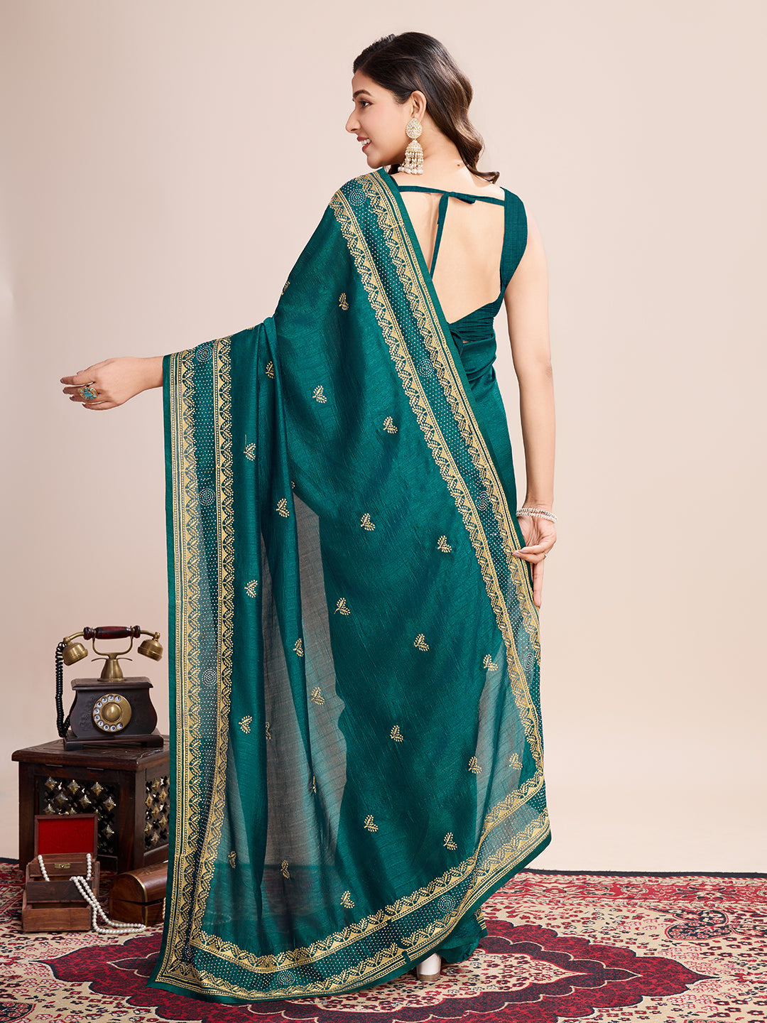 Vedant Vastram Vichitra Silk Embroidered Work Saree - Seegreen