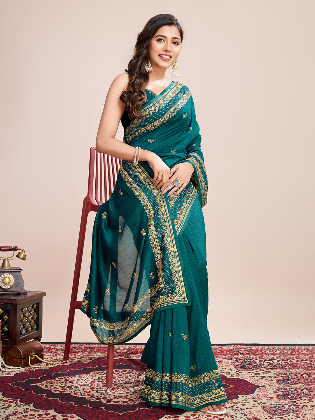 Vedant Vastram Vichitra Silk Embroidered Work Saree - Seegreen