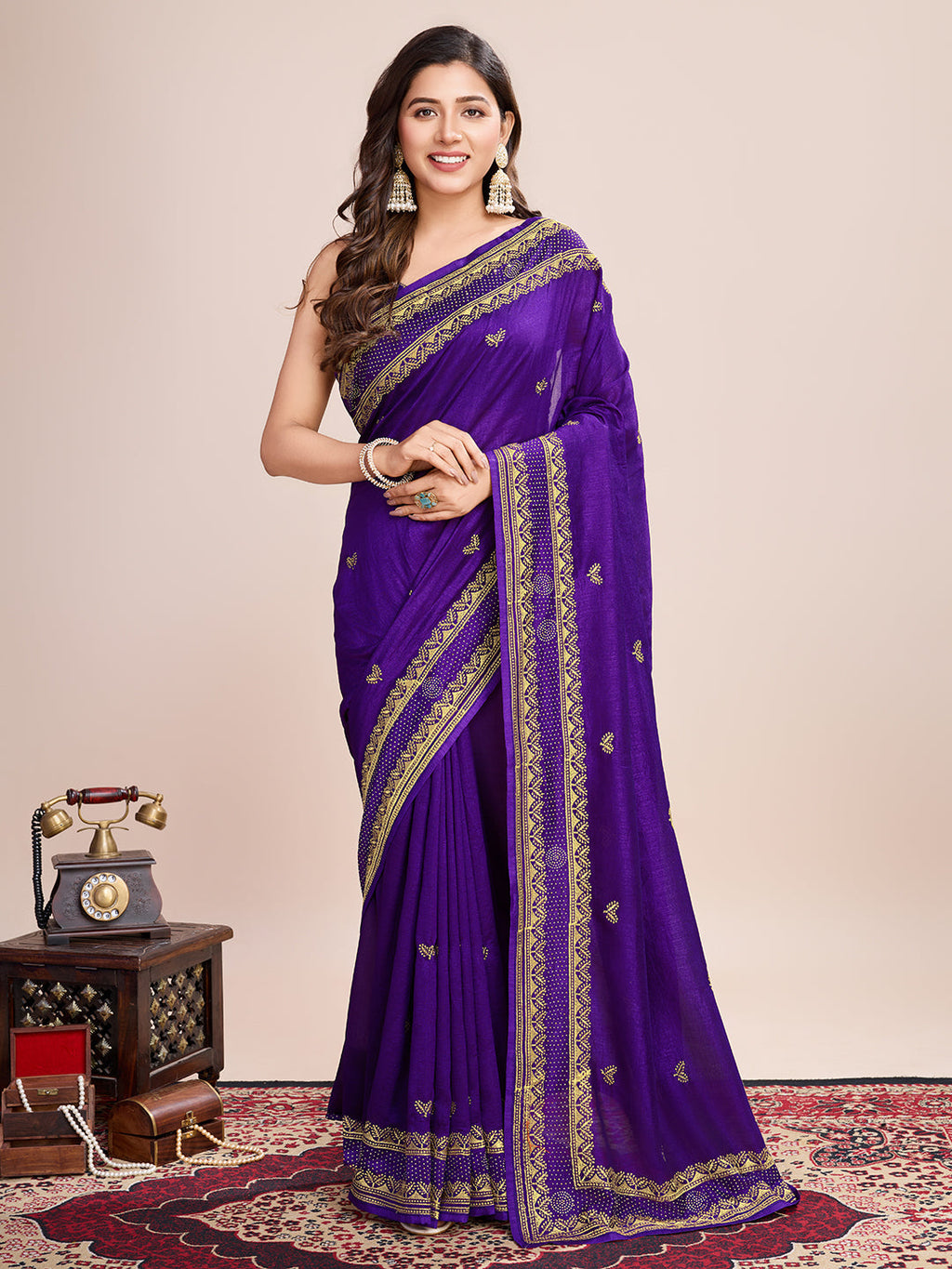 Vedant Vastram Vichitra Silk Embroidered Work Saree - Violet