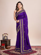 Vedant Vastram Vichitra Silk Embroidered Work Saree - Violet