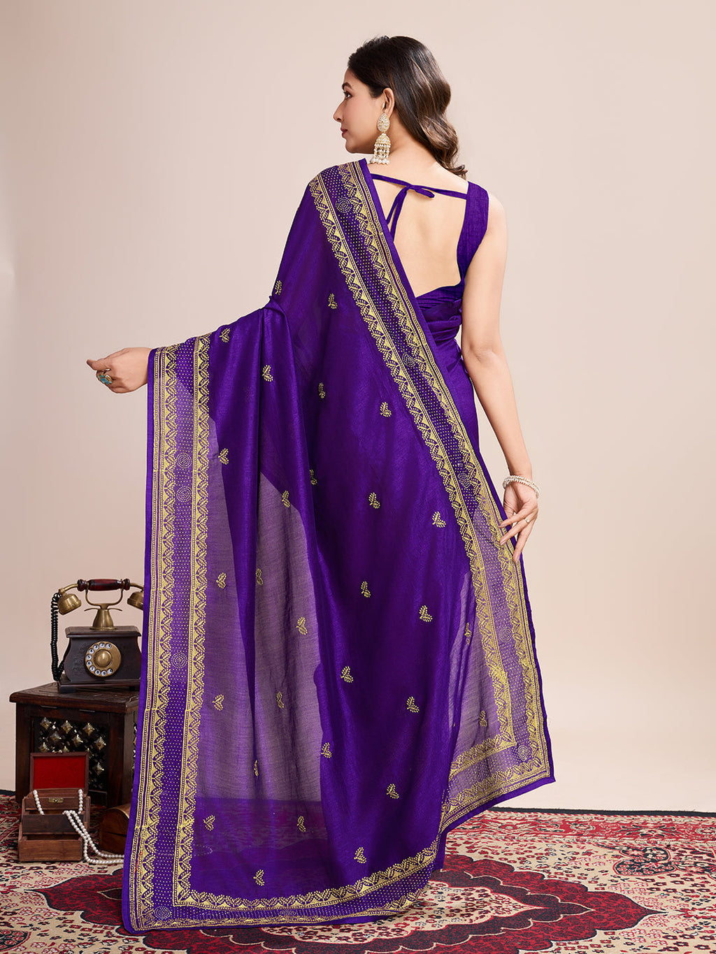 Vedant Vastram Vichitra Silk Embroidered Work Saree - Violet