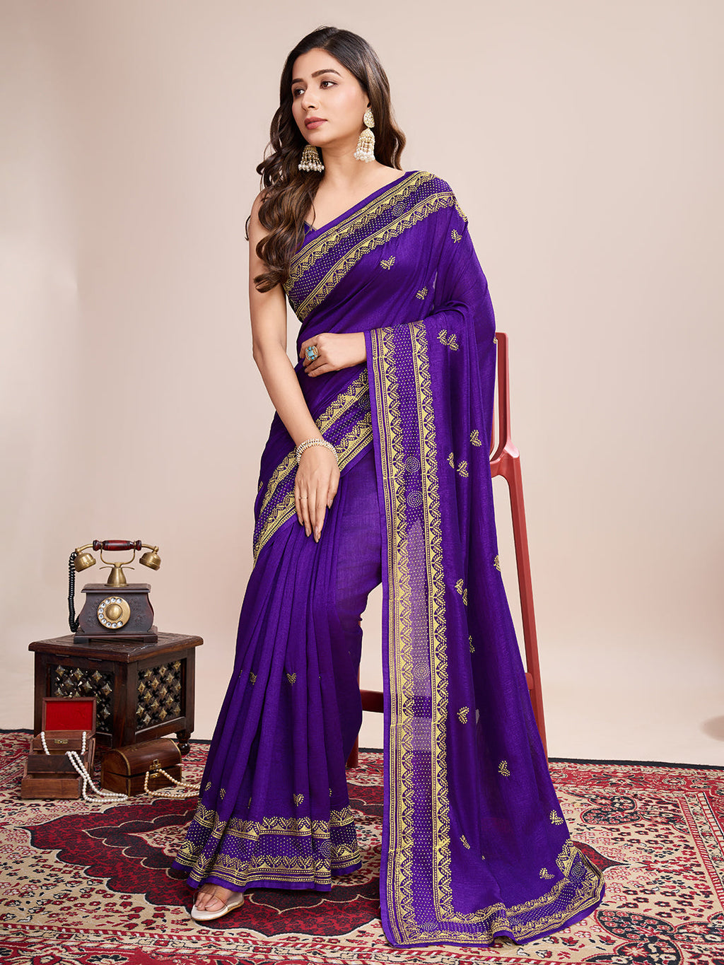 Vedant Vastram Vichitra Silk Embroidered Work Saree - Violet