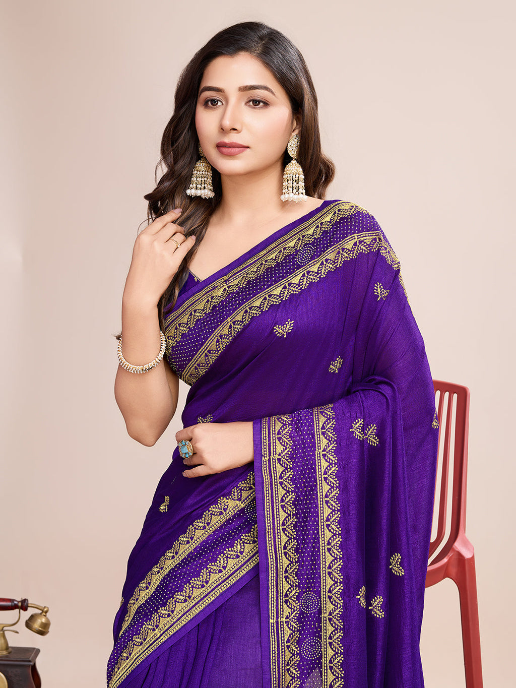 Vedant Vastram Vichitra Silk Embroidered Work Saree - Violet