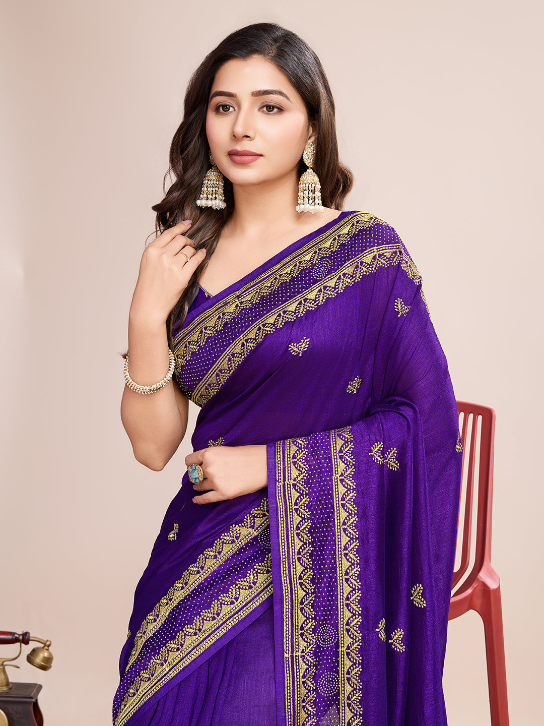 Vedant Vastram Vichitra Silk Embroidered Work Saree - Violet