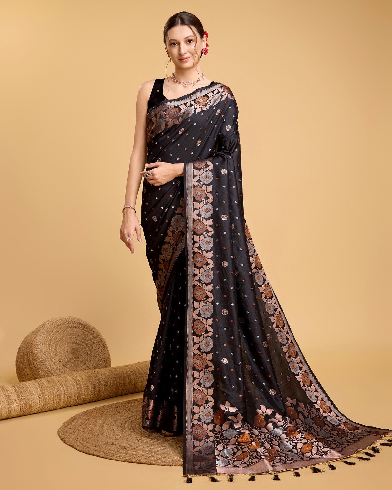 Vedant Vastram Soft Litchi Silk Banarasi Silk Saree - Black - Distacart