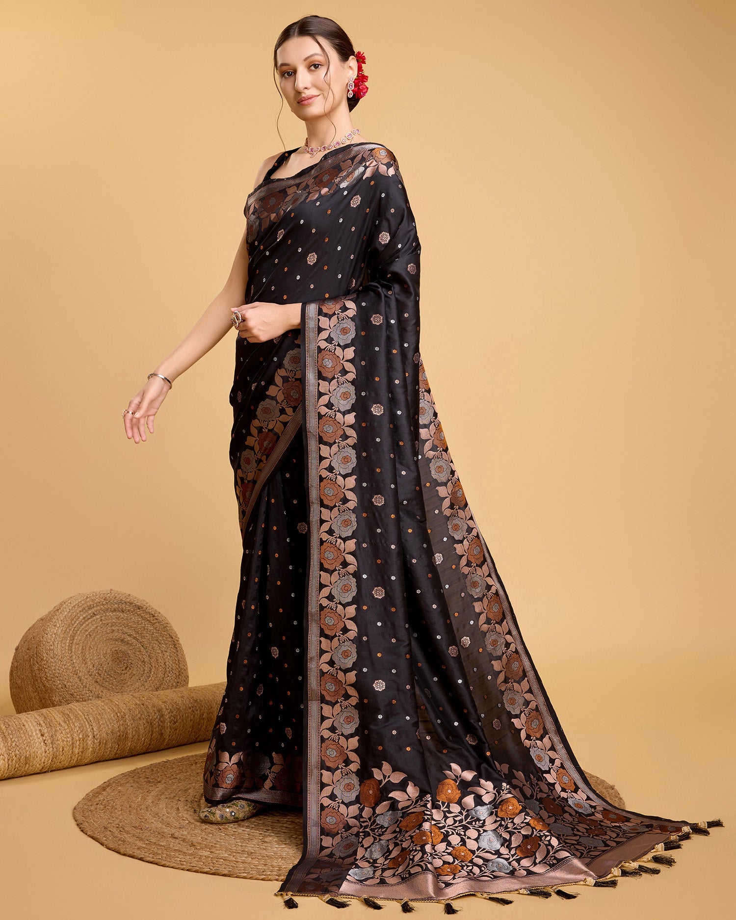 Vedant Vastram Soft Litchi Silk Banarasi Silk Saree - Black - Distacart