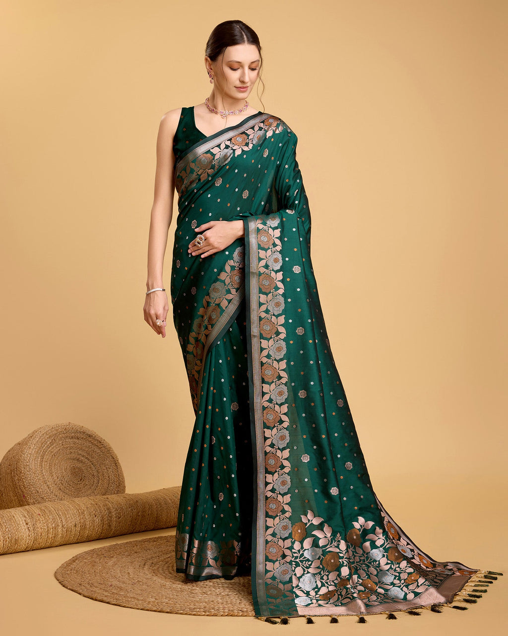 Vedant Vastram Soft Litchi Silk Banarasi Silk Saree - Green - Distacart