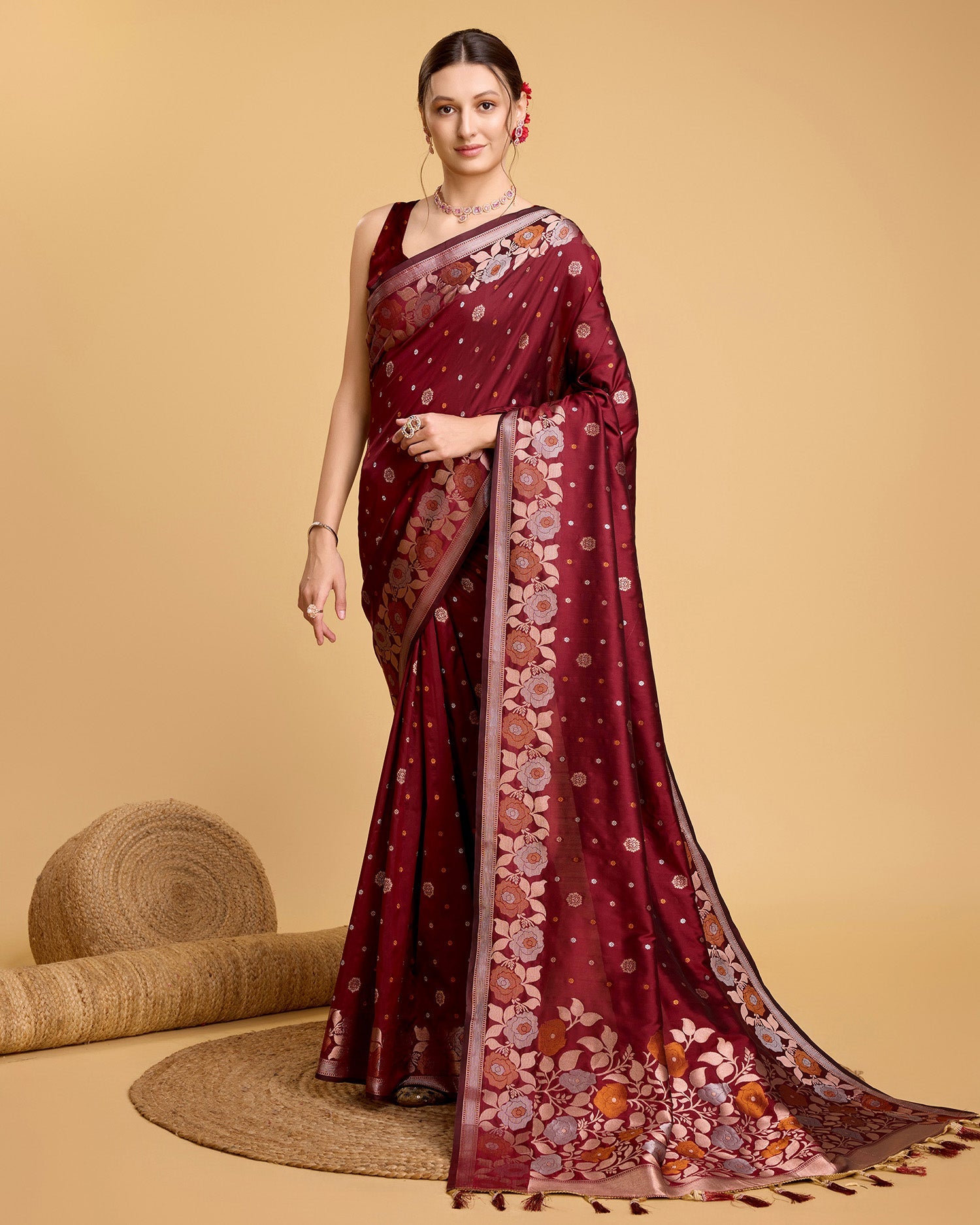 Vedant Vastram Soft Litchi Silk Banarasi Silk Saree - Maroon - Distacart