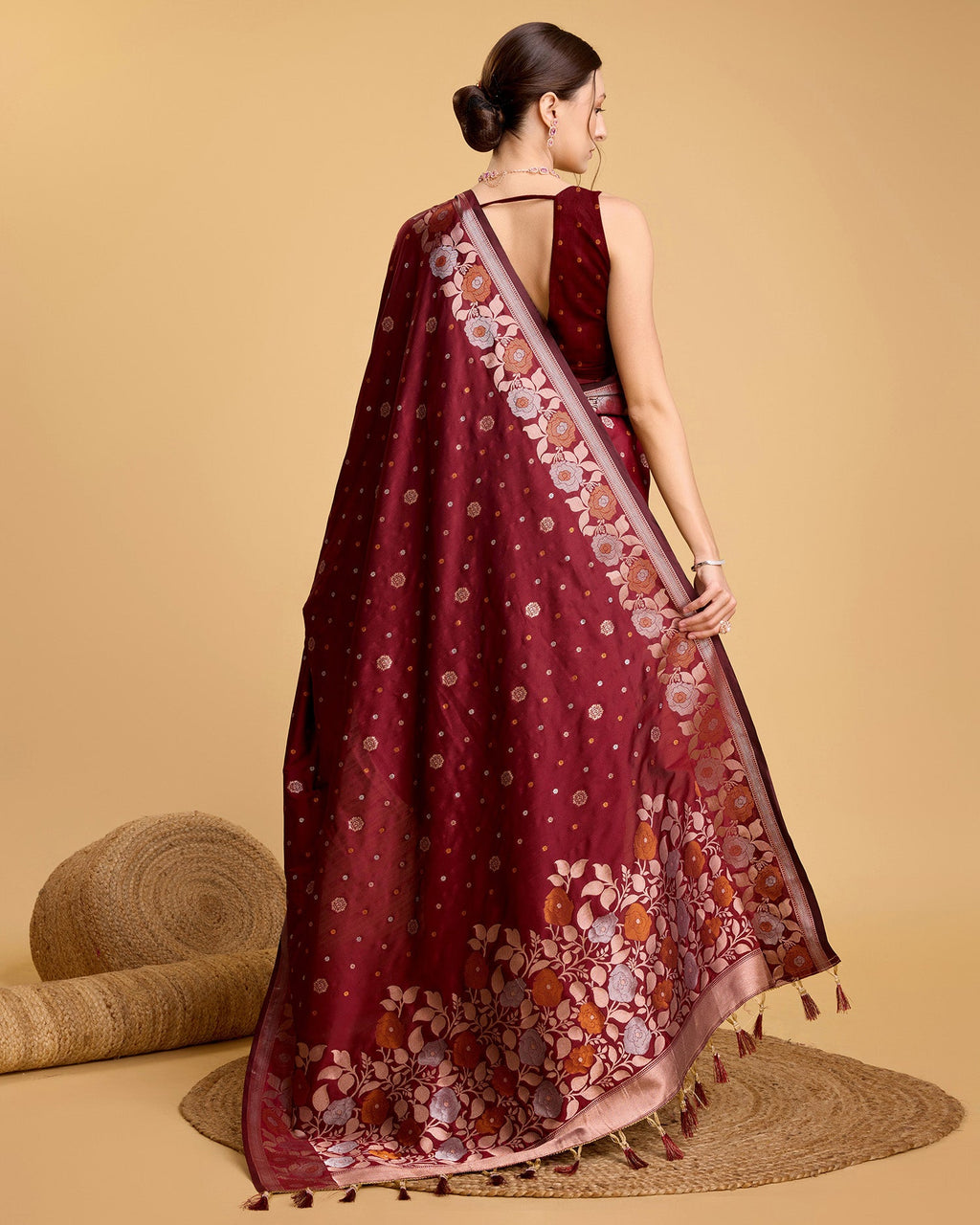 Vedant Vastram Soft Litchi Silk Banarasi Silk Saree - Maroon - Distacart